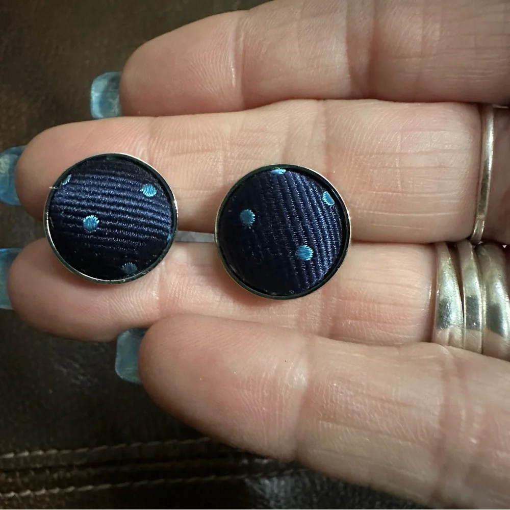 Trafalgar Fabric Cloth Cuff Links Navy‎ Blue W/Light Blue Polka Dots EUC